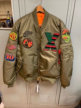 Men's Olive Green Bomber Jacket with Patch Details